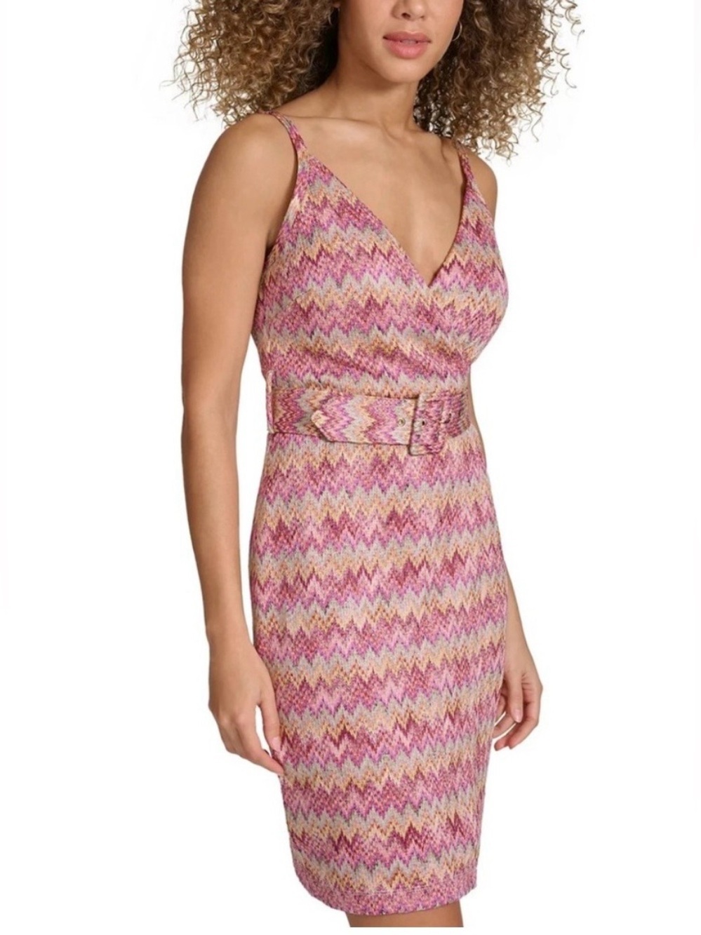 Siena Women's Printed Belted Sheath Pink Multi MIDI Dress - Picture 2 of 6